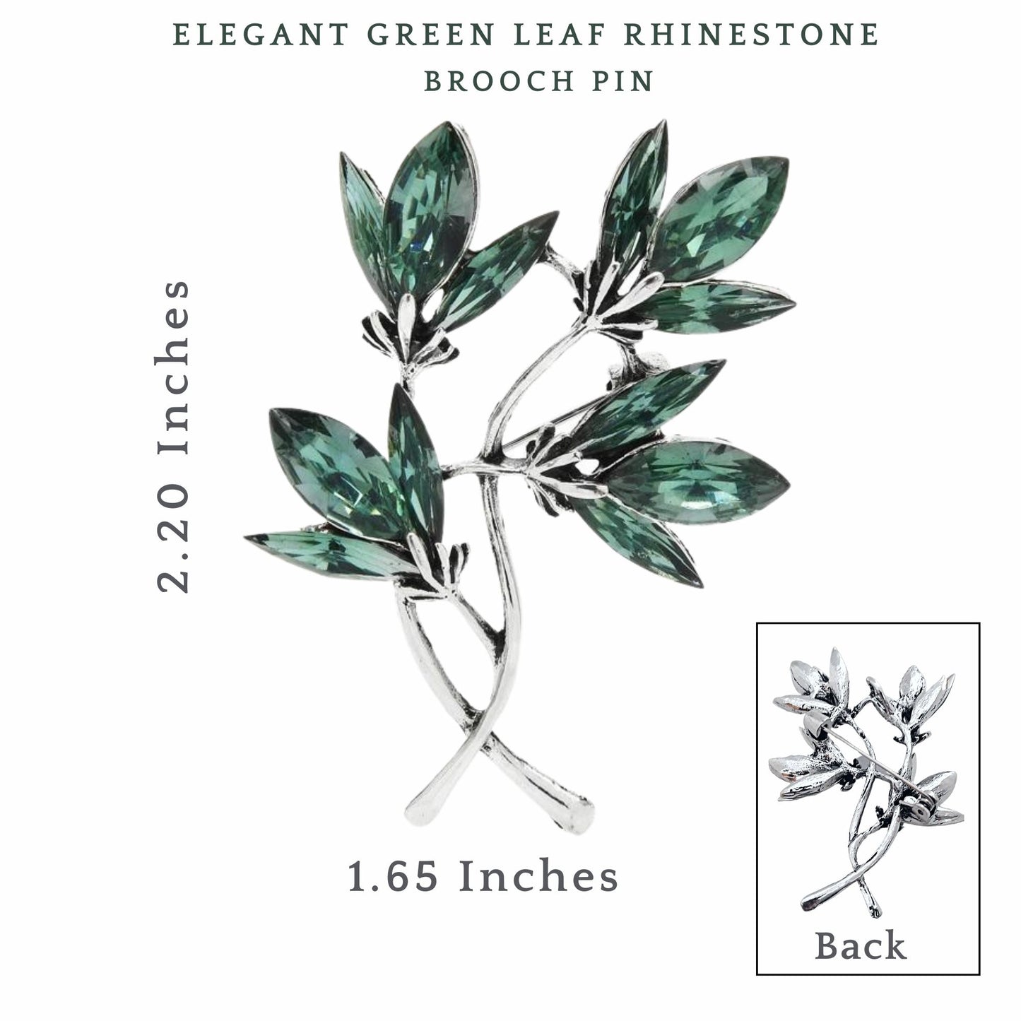 gifthub jewelry - elegant green leaf rhinestones silver stem brooch pin