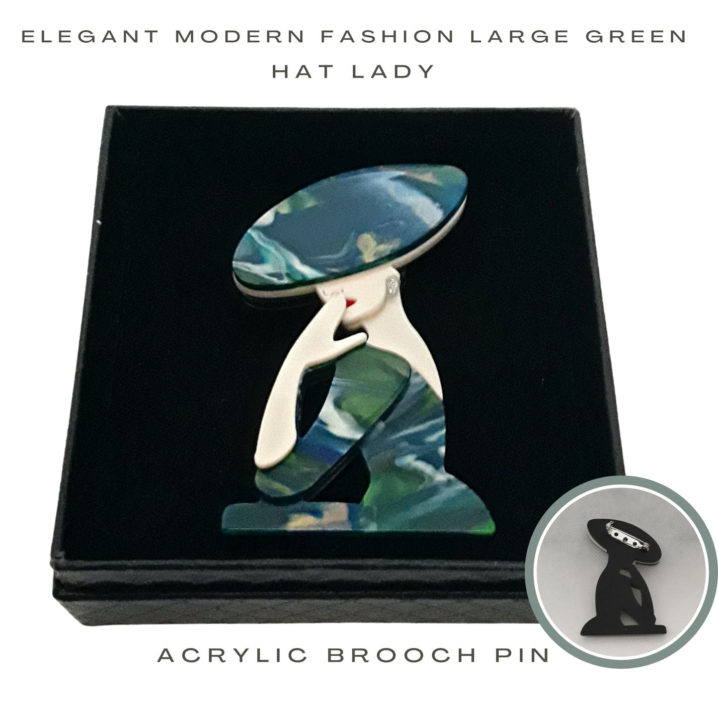 Fancy Brooch - Elegant modern large green hat lady acrylic brooch pin