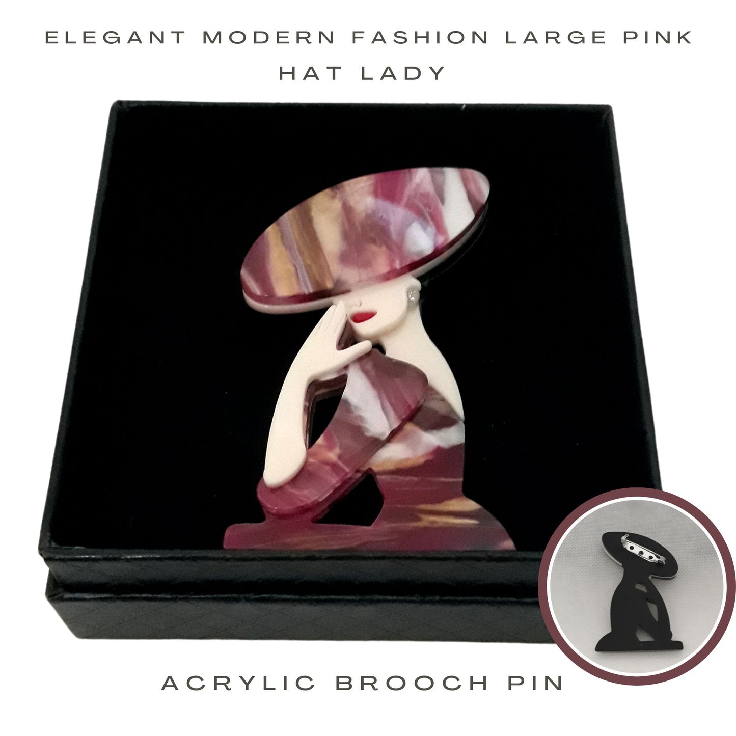 Fancy Brooch - Elegant Modern Large Pink Hat Lady Acrylic Brooch Pin