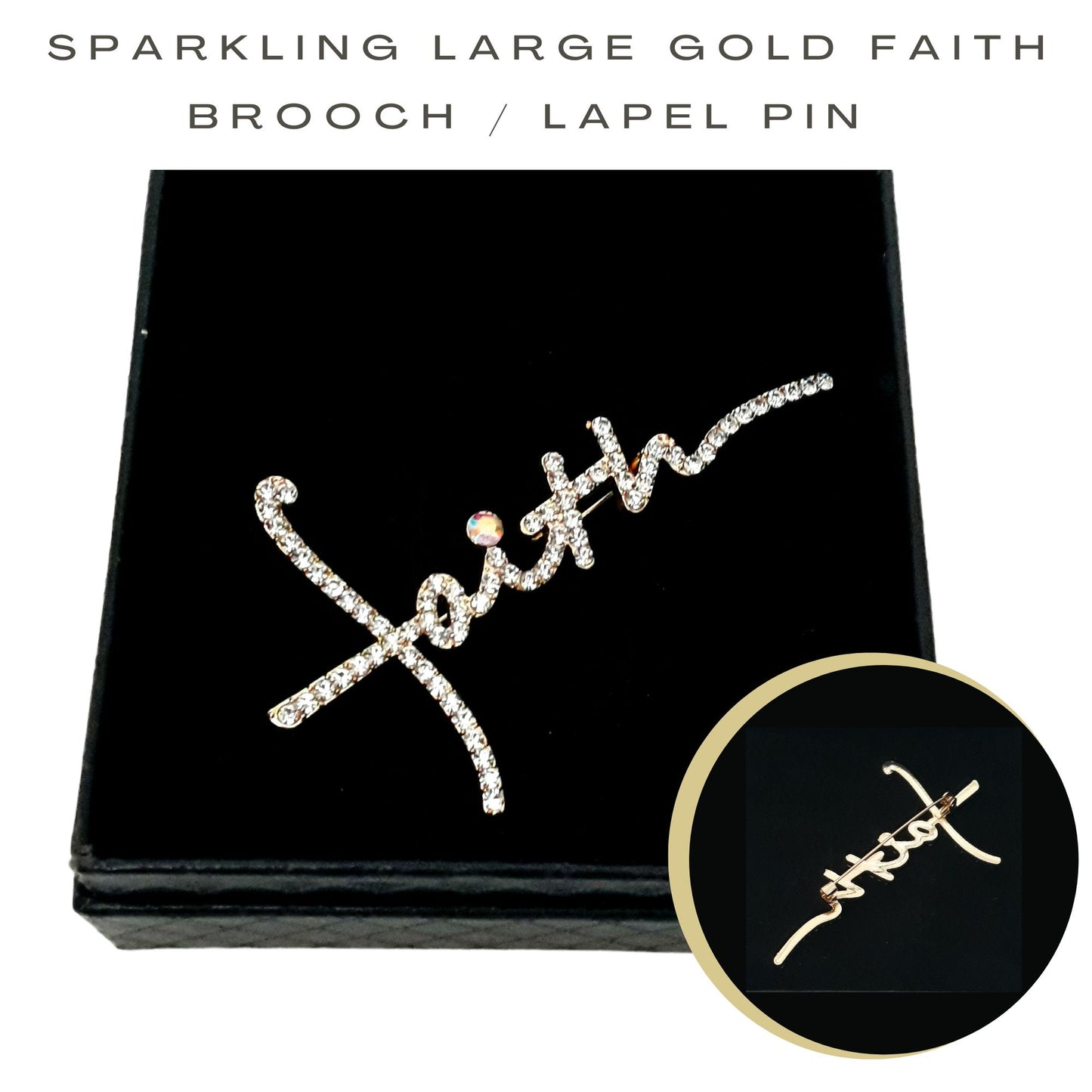 Fancy Brooch - Sparkling Large Gold Faith Brooch Pin