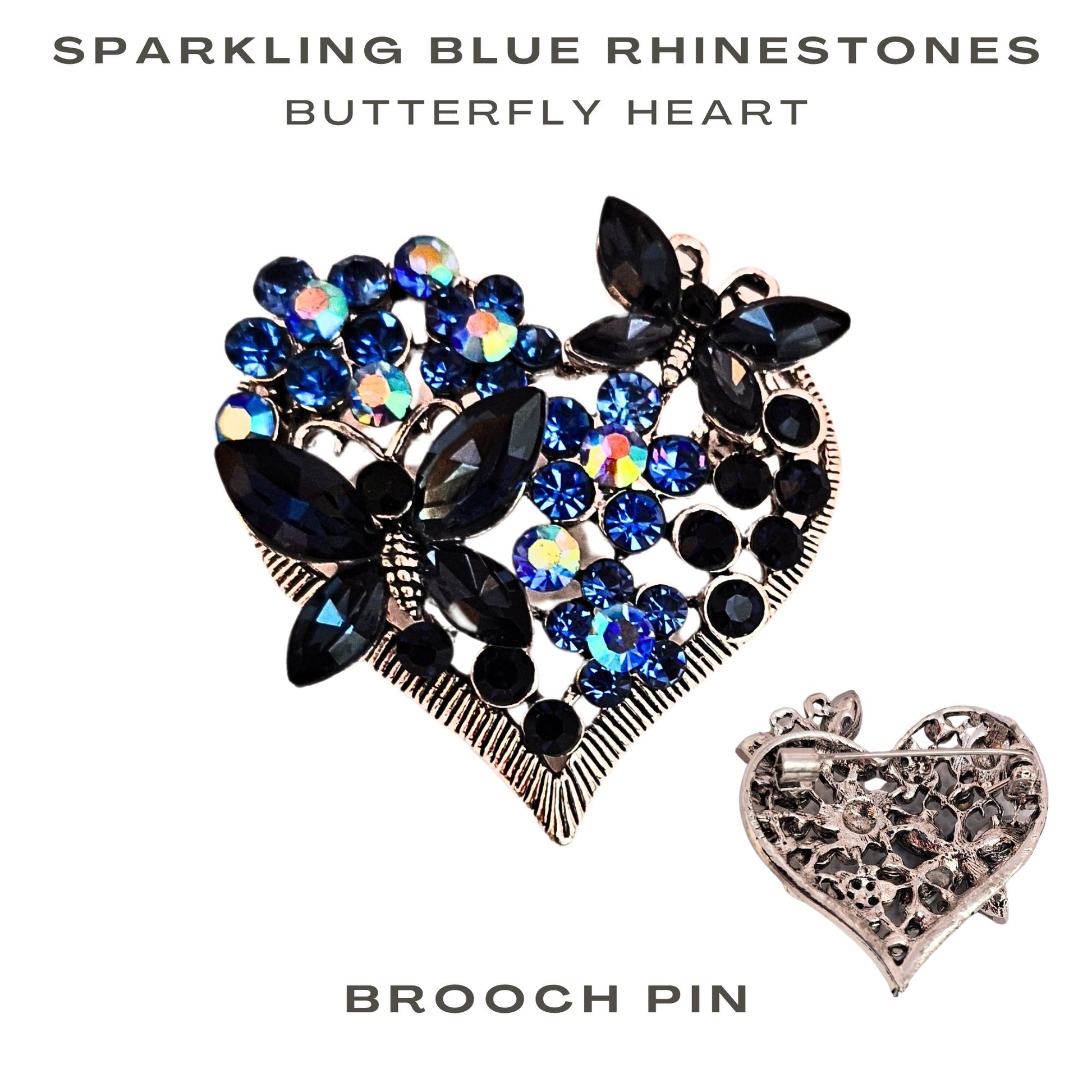 Fancy Brooch - Sparkling Blue Rhinestones Butterfly Heart Brooch