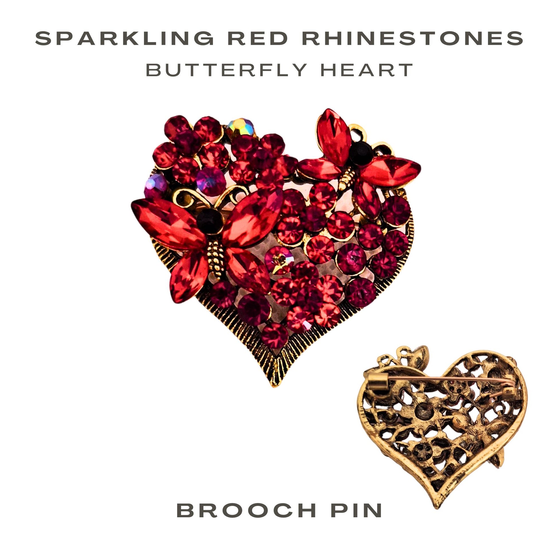 Fancy Brooch - Sparkling Red Rhinestones Butterfly Heart Brooch