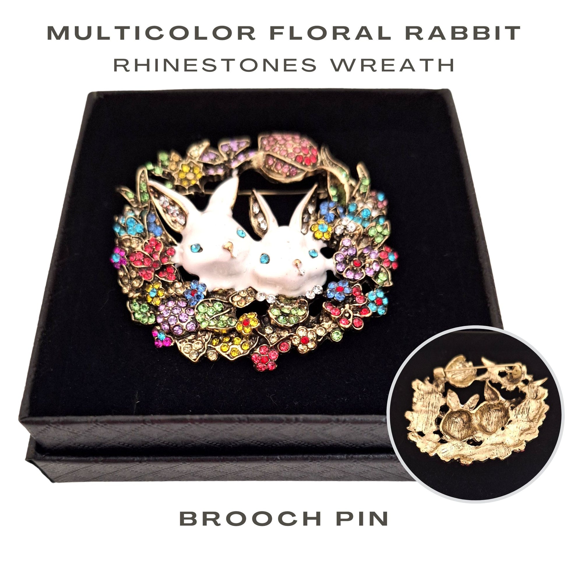 Fancy Brooch - Multicolor floral rabbit rhinestones wreath brooch pin