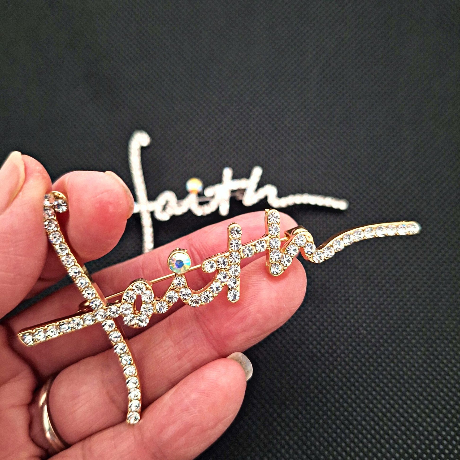 Fancy Brooch - Sparkling Large Gold Faith Brooch Pin