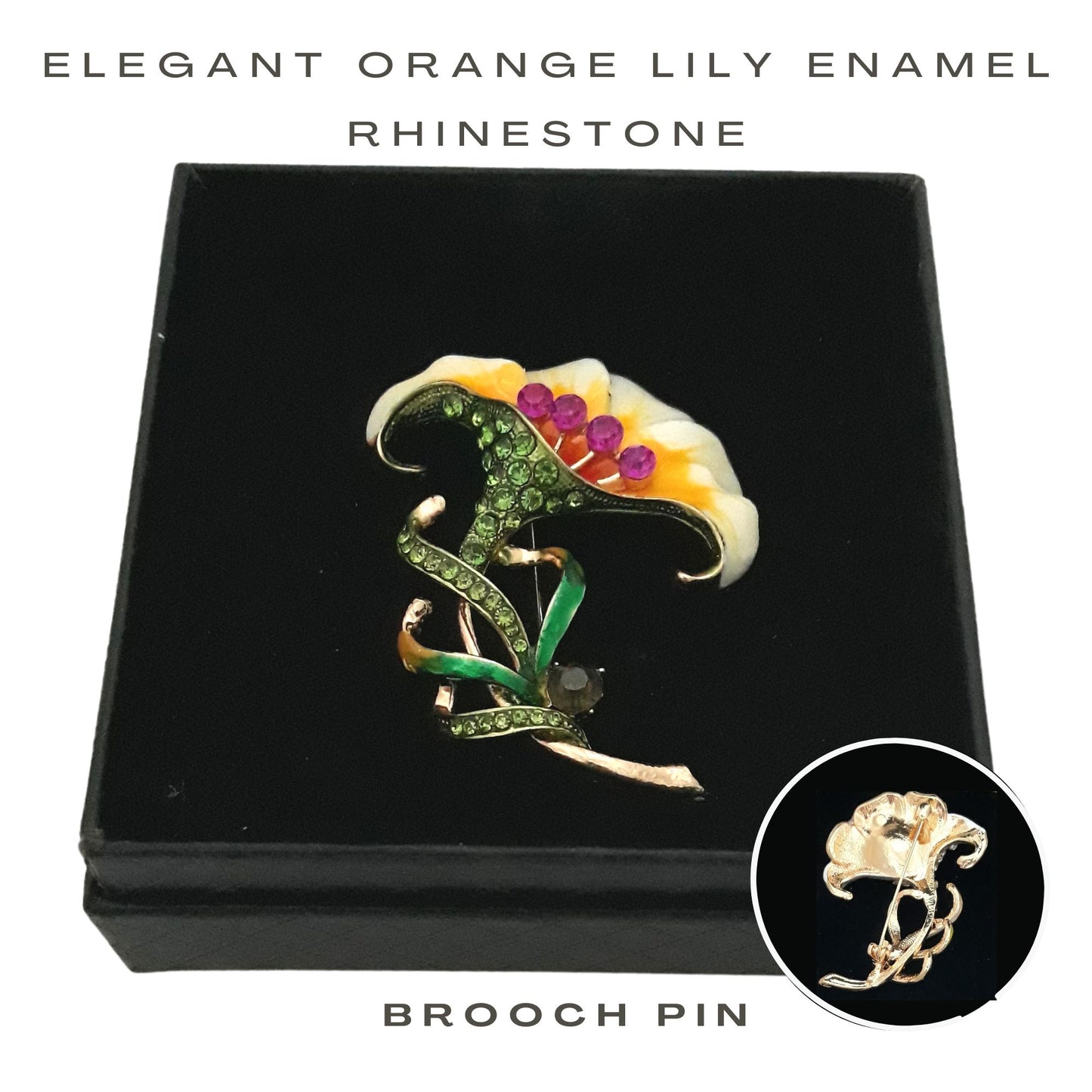 Fancy Brooch - Elegant Orange Lilly Rhinestone Enamel Brooch Pin