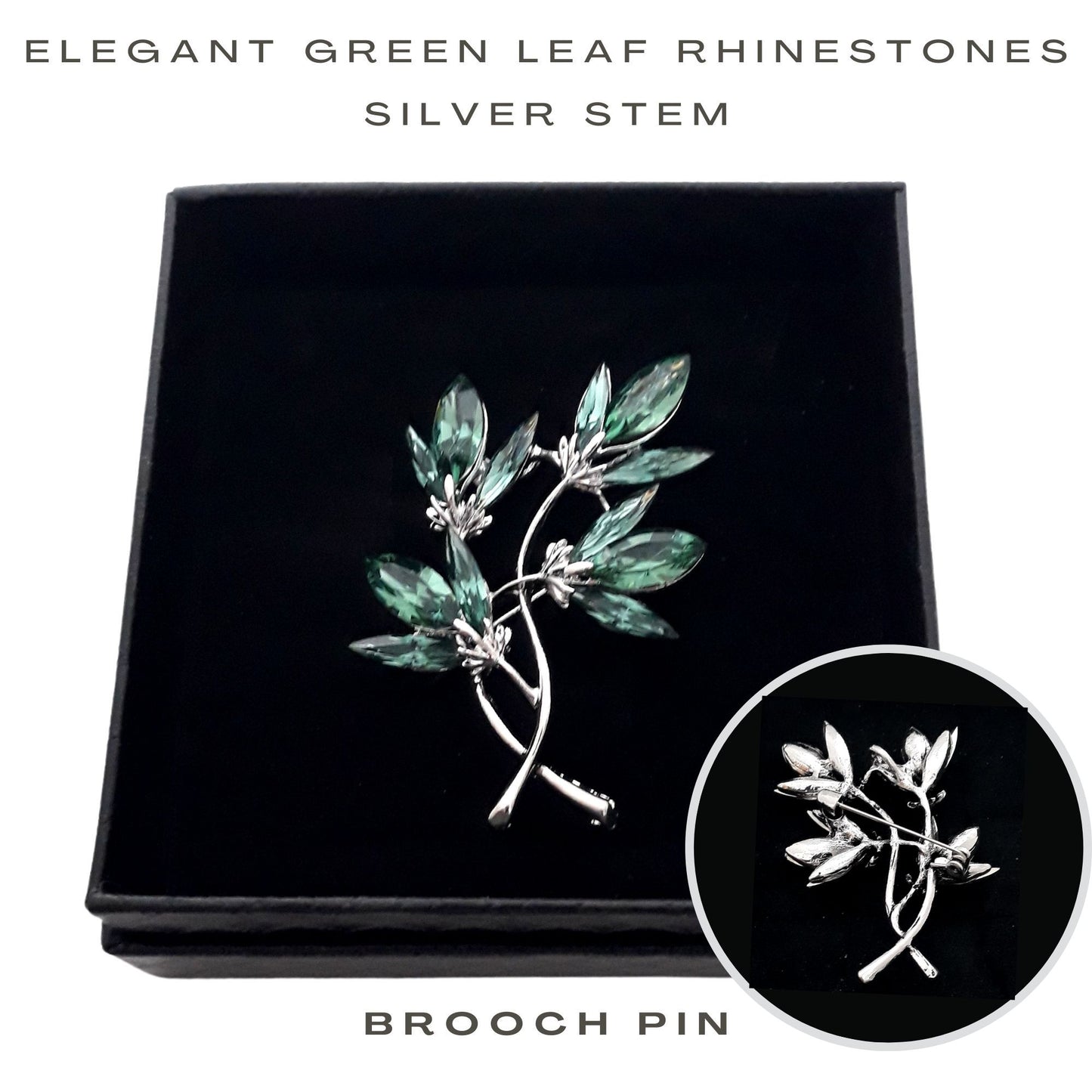 gifthub jewelry - elegant green leaf rhinestones silver stem brooch pin