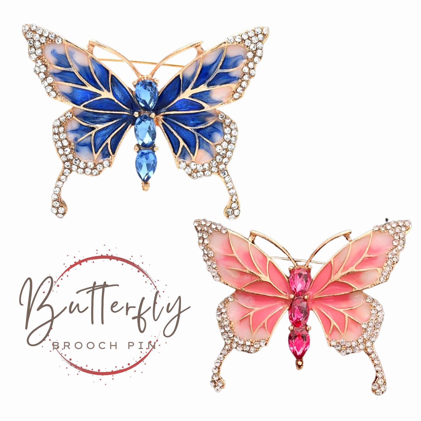 Fancy Brooch - Elegant blue and Pink Rhinestone butterfly brooch