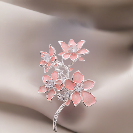 Peach Pink Blossom Rhinestone Brooch Pin