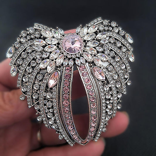 Large Heavyweight Silver Pink Rhinestones Angel Wing Brooch Pin