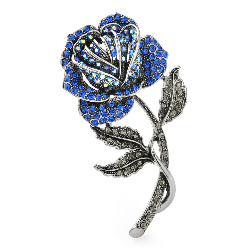 Elegant Blue Pink Rose Rhinestones Brooch Lapel Pin