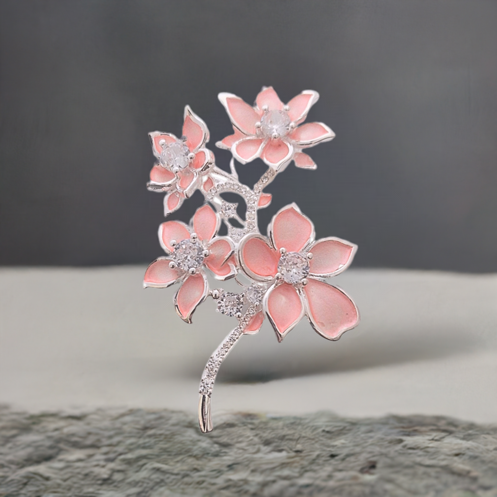 Peach Pink Blossom Rhinestone Brooch Pin