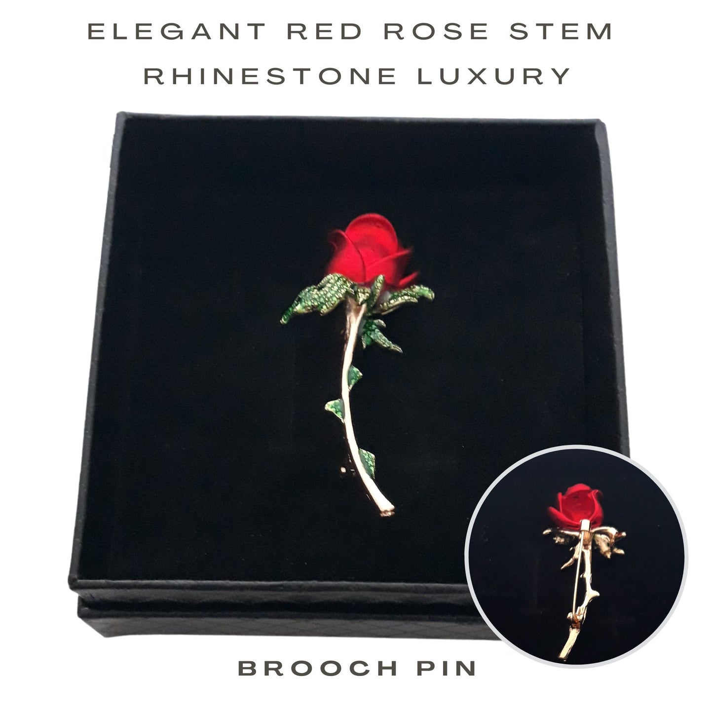 Fancy Brooch Elegant Red Rose Stem Rhinestone Luxury Brooch Pin / Collar Lapel Pin