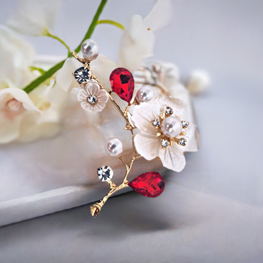 Fancy Brooch - elegant red cherry blossom pearl luxury brooch p