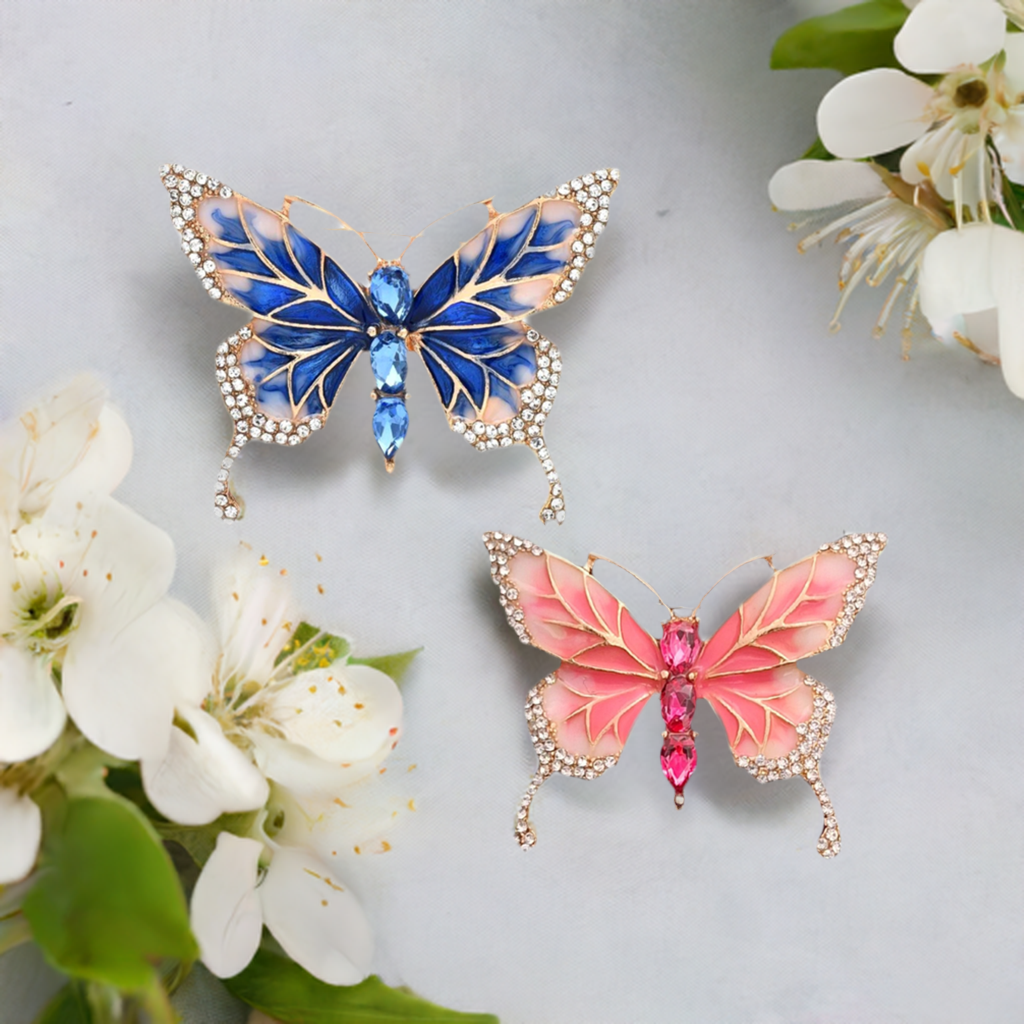 Fancy Brooch - Elegant blue and Pink Rhinestone butterfly brooch