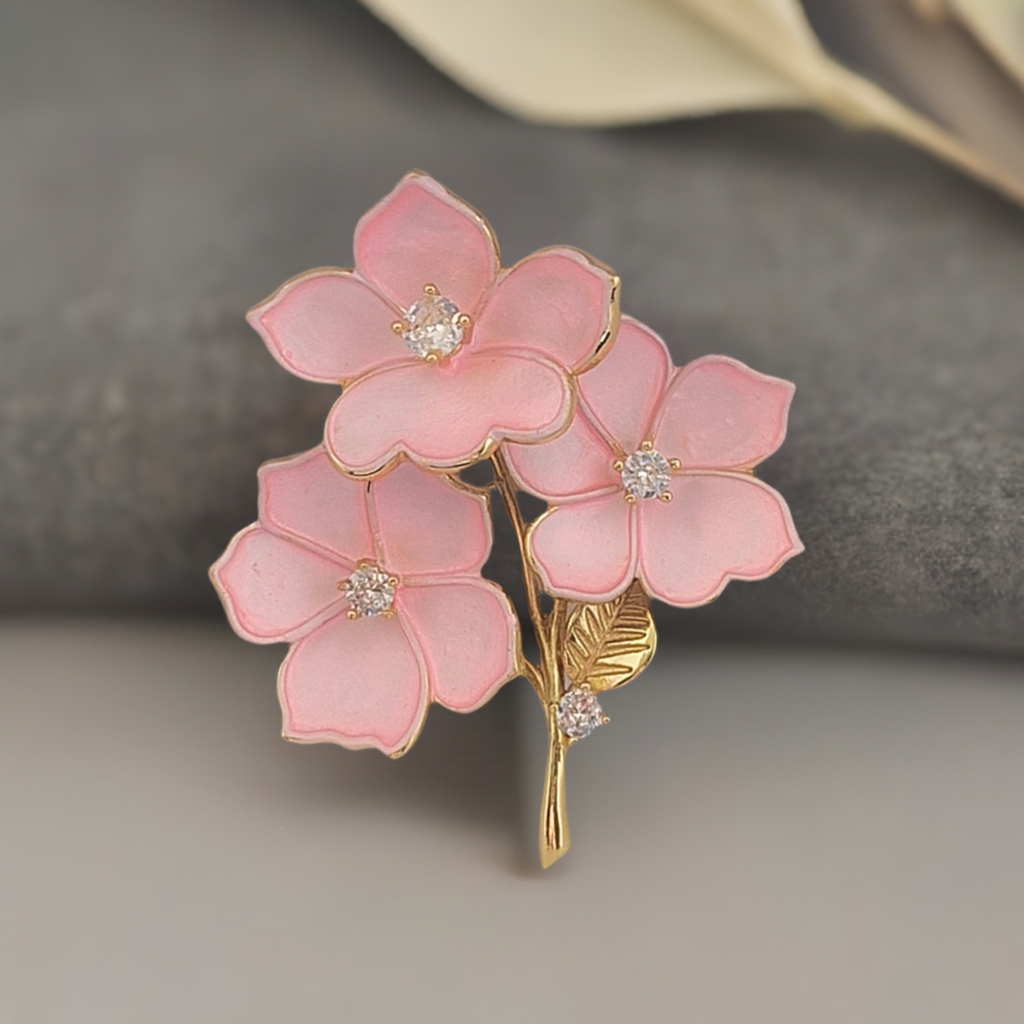 Elegant Pink Flower Blossom Rhinestone Brooch Pin For Women