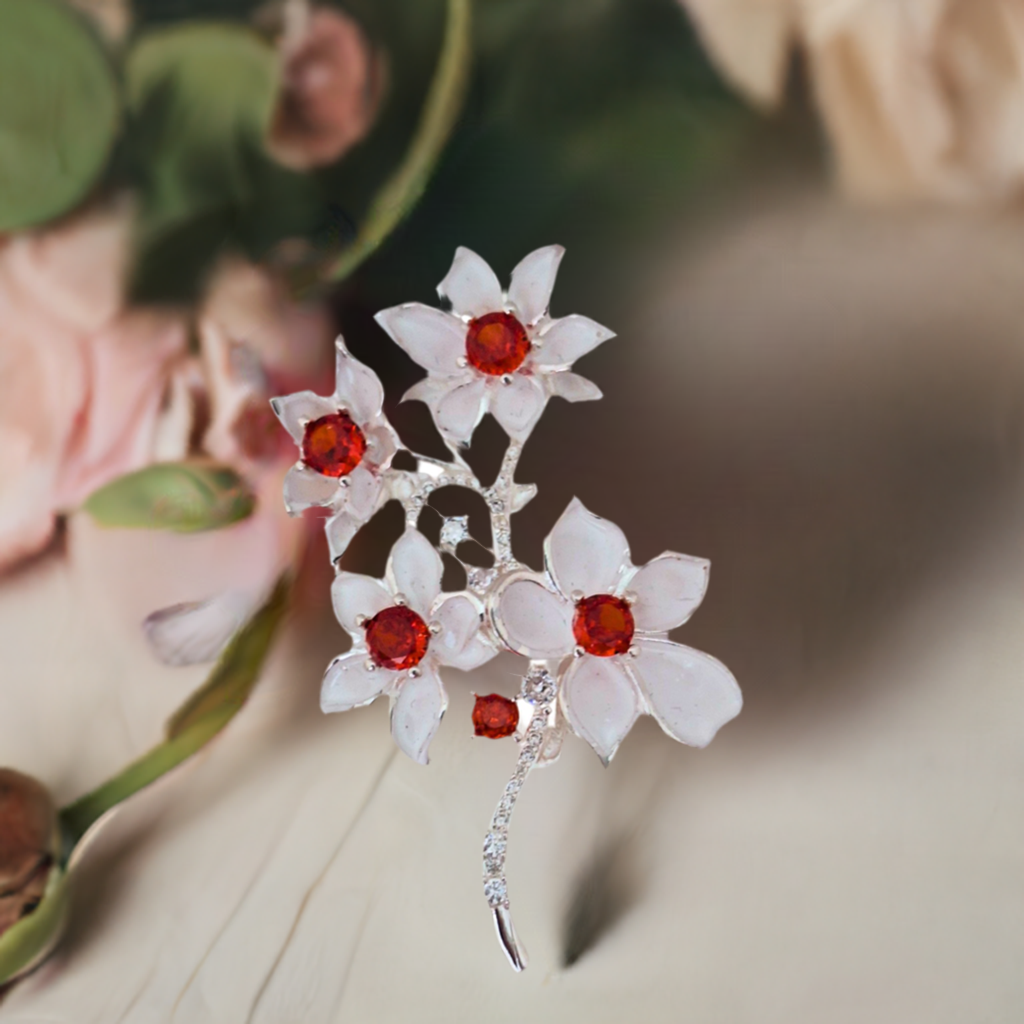 Fancy Brooch - Exquisite Red White Blossom Rhinestone Brooch Pin