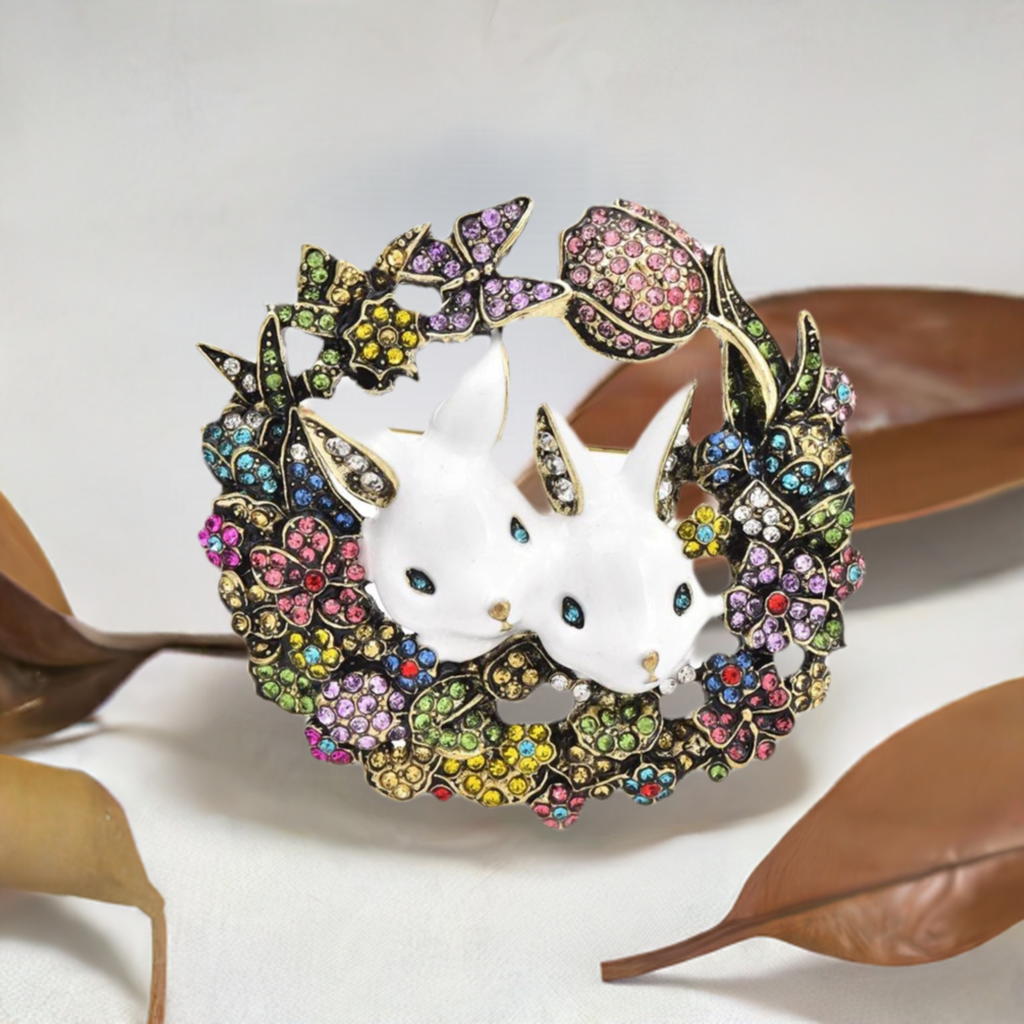 Fancy Brooch - Multicolor floral rabbit rhinestones wreath brooch pin