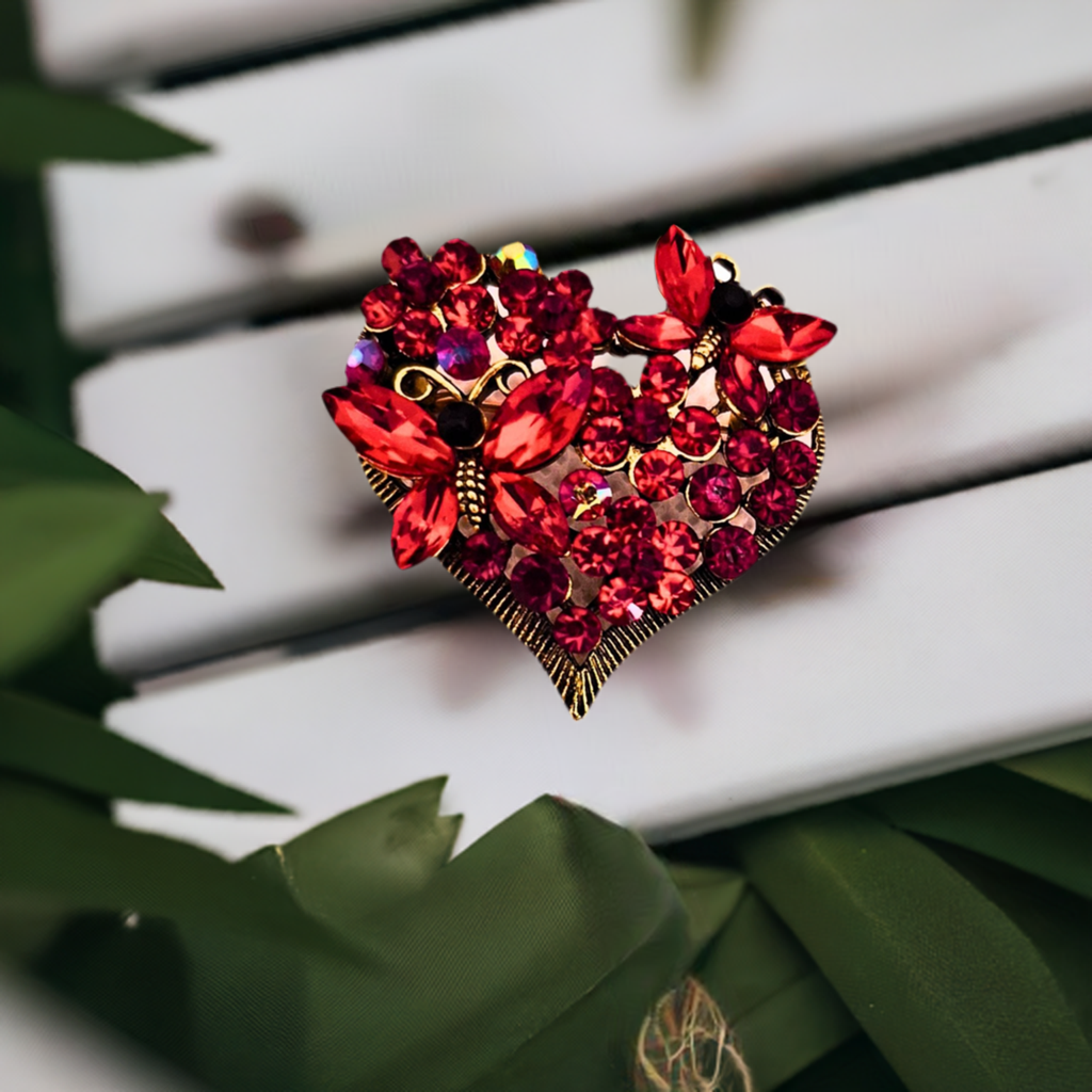 Fancy Brooch - Sparkling Red  Rhinestones Butterfly Heart Brooch