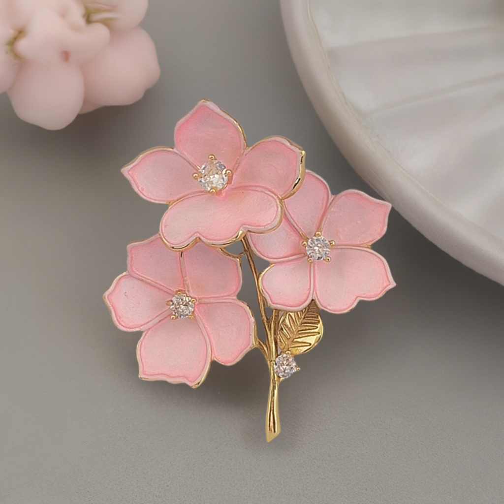 Elegant Pink Flower Blossom Rhinestone Brooch Pin For Women