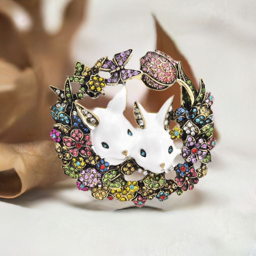 Fancy Brooch - Multicolor floral rabbit rhinestones wreath brooch pin