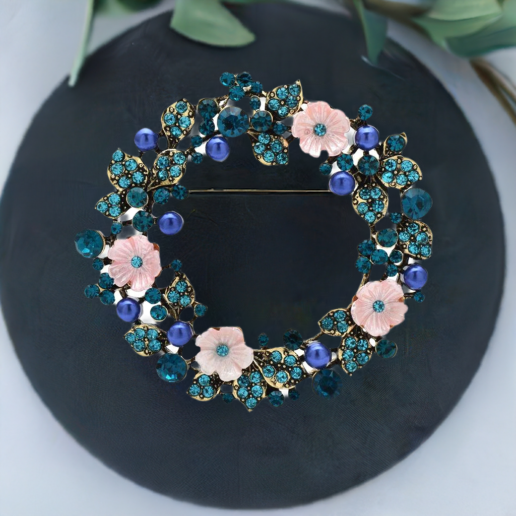 Fancy Brooch  Circle Flowers Blue Multicolor Wreath Rhinestones Luxury Brooch Pin