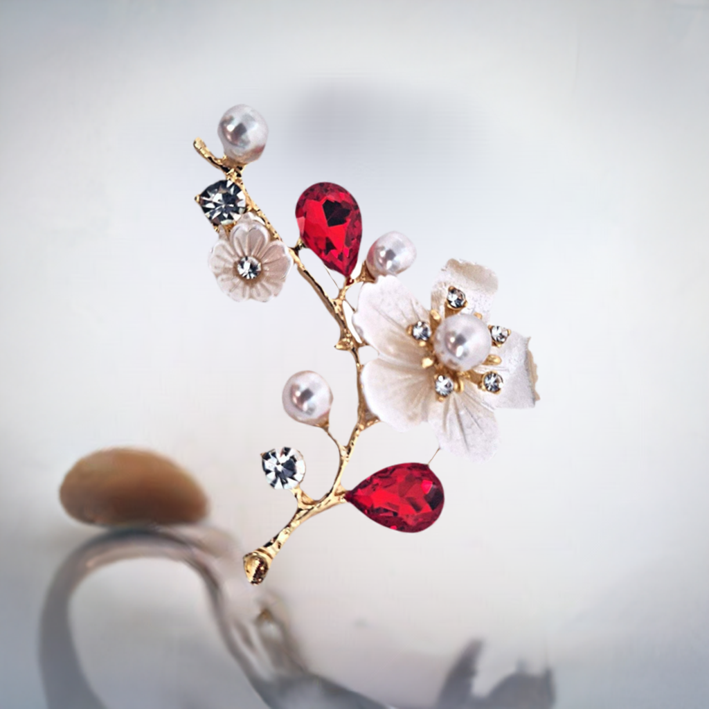 Fancy Brooch - elegant red cherry blossom pearl luxury brooch p