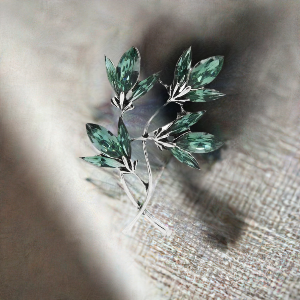 Fancy Brooch - elegant green leaf rhinestones silver stem brooch pin