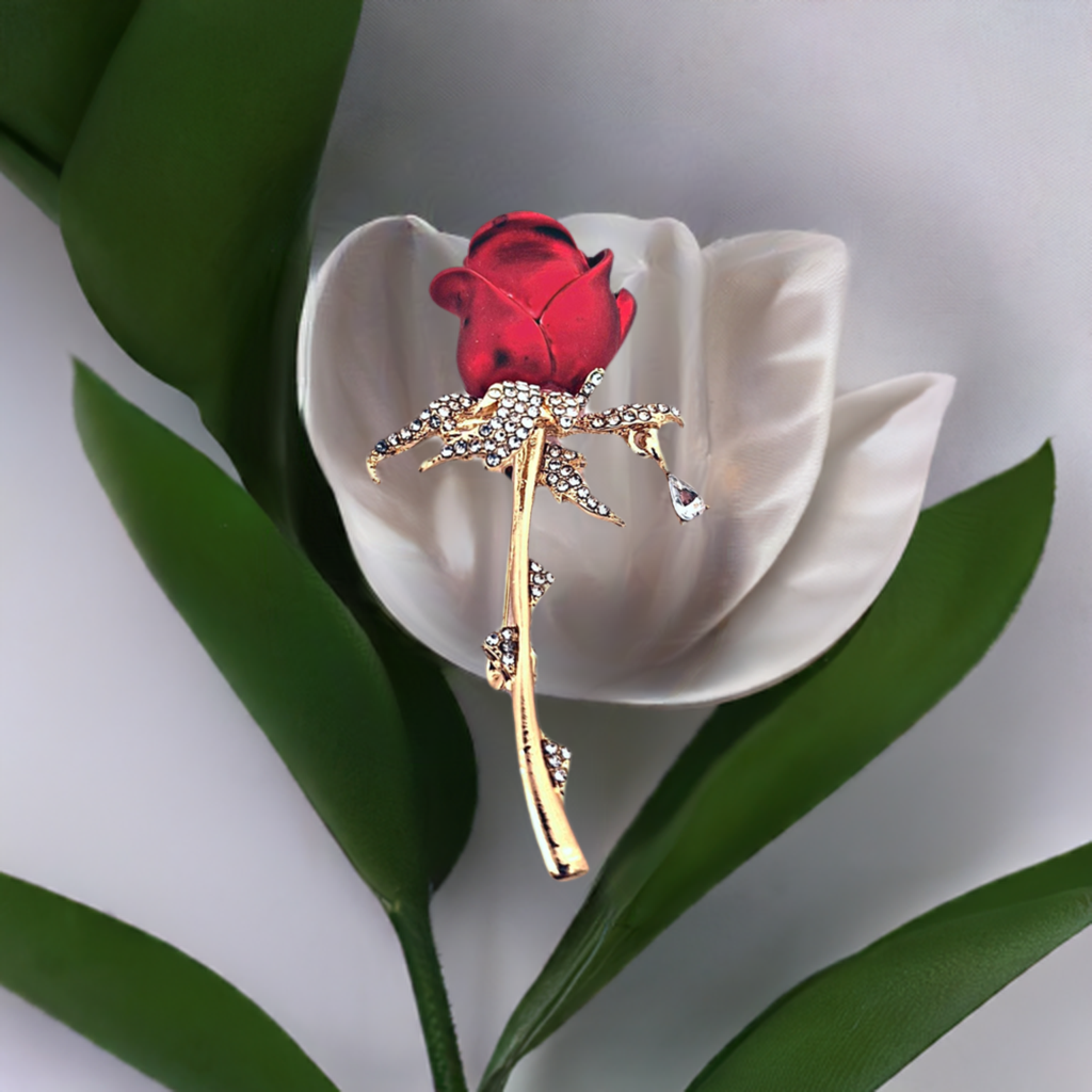 Fancy Brooch - Red Rose Sparkling Brooch Collar Lapel Pin