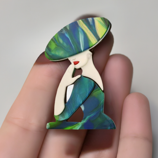 Fancy Brooch - Elegant modern large green hat lady acrylic brooch pin