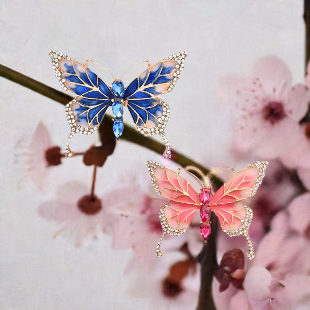 Fancy Brooch - Elegant blue and Pink Rhinestone butterfly brooch