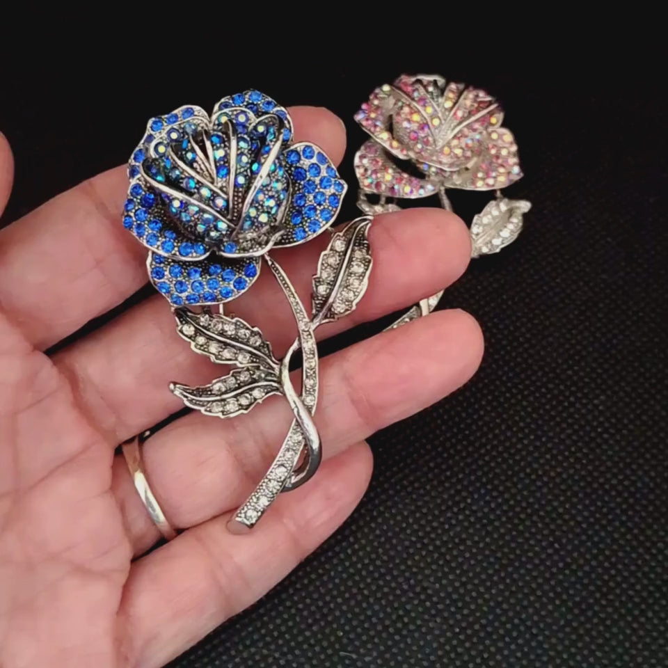 Fancy Brooch - Blue rose rhinestones enamel brooch lapel pin