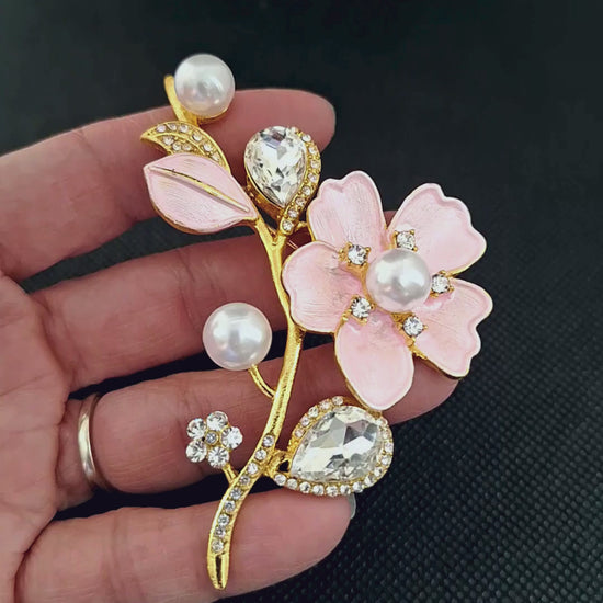 Fancy Brooch - Flower Blossom Pearl Clear Rhinestones Brooch Pin