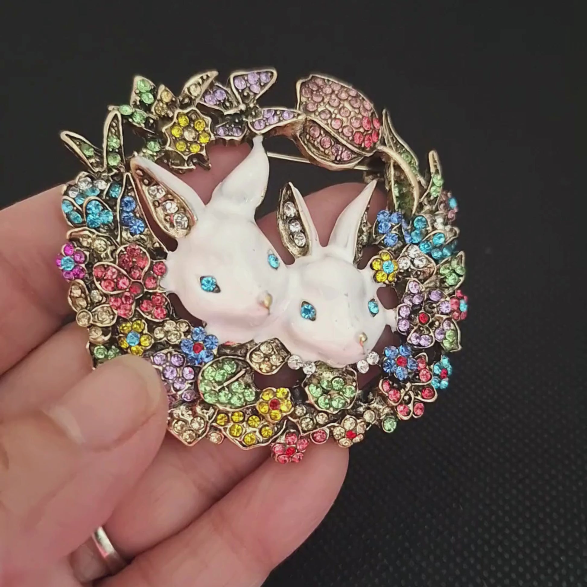 Fancy Brooch - Multicolor floral rabbit rhinestones wreath brooch pin