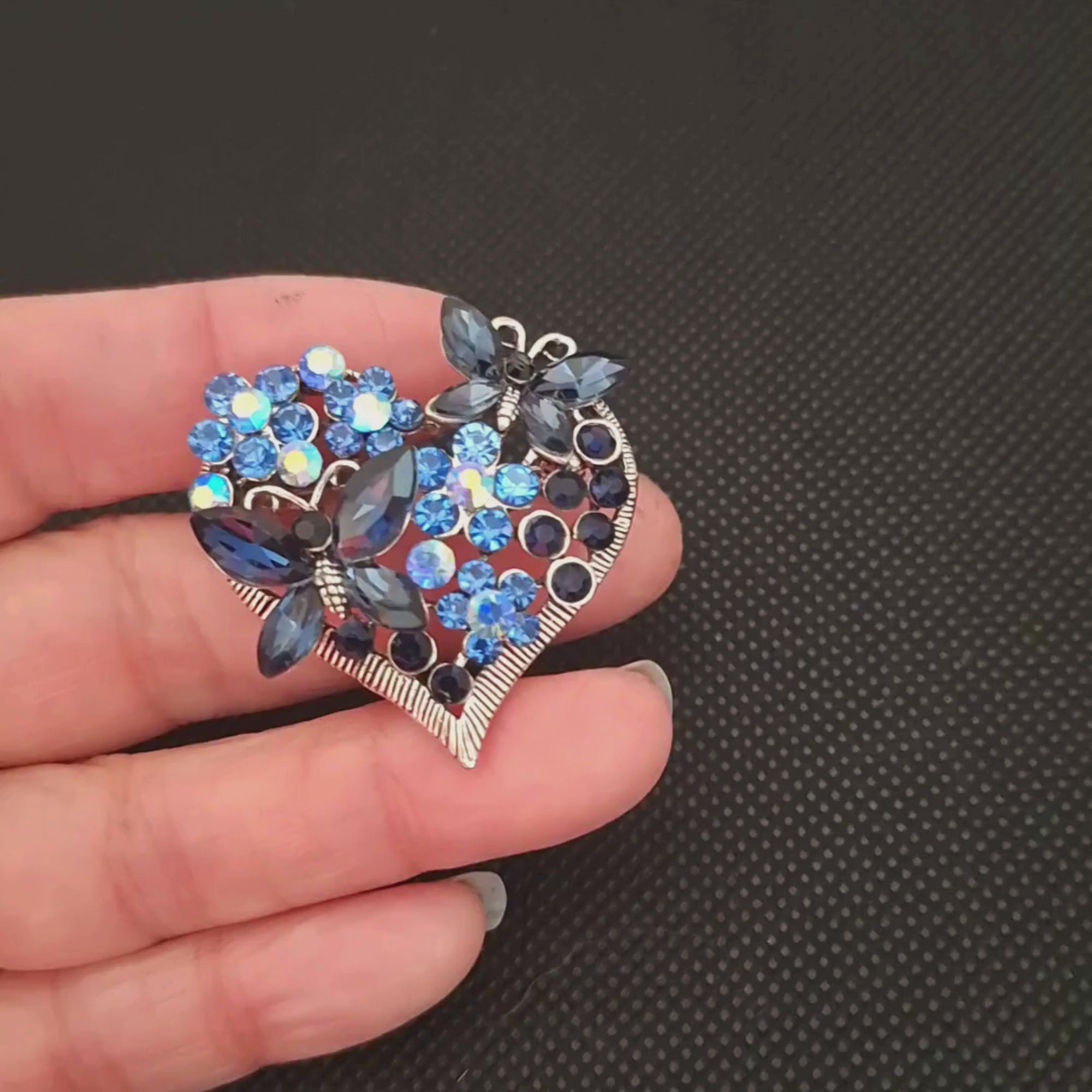 Fancy Brooch - Sparkling Red and Blue Rhinestones Butterfly Heart Brooch