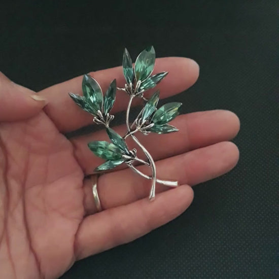 Fancy Brooch - elegant green leaf rhinestones silver stem brooch pin